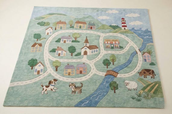 Kids Playroom Rug, Hand Tufted Village Road Map Rug, Pastel Nursery Area Rug, Animal Farm Rug, Custom Kids Bedroom Rug
