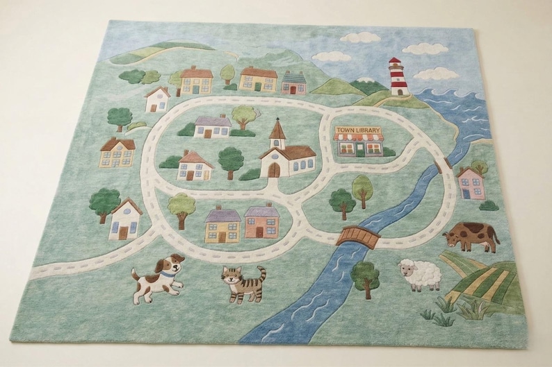 May include: A town-themed play mat with a light blue background. The mat features a road system, houses, a church, a lighthouse, and a river. Includes a dog, cat, sheep, and cow. The town library is also visible.