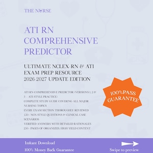 以下が含まれることがあります： 紫色の「ATI RN Comprehensive Predictor」というタイトルの本カバー。NCLEX-RN & ATI試験対策、2026-2027年版のテキストと、100％合格保証バッジが含まれています。