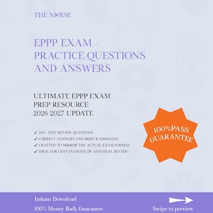 May include: A digital study guide titled THE NURSE EPPP EXAM - PRACTICE QUESTIONS AND ANSWERS 2026-2027 UPDATE. It features an orange starburst graphic with 100% PASS GUARANTEE text, a list of study features, and a bottom bar with download information.
