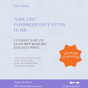 Może przedstawiać: Kompleksowy przewodnik po nauce AAPC CPC z tekstem "Ultimate AAPC CPC Exam Prep Resource 2026-2027 Update". Przewodnik zawiera przypadki kliniczne, pytania praktyczne i szczegółowe uzasadnienia. Pomarańczowa grafika z gwiazdą głosi "100% Pass Guarantee."