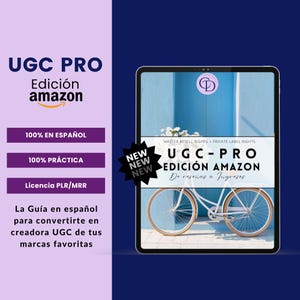 Puede incluir: Una tableta digital muestra una guía titulada "UGC-PRO Edición Amazon" con texto en español. La imagen incluye una ilustración de bicicleta y las palabras "Master Resell Rights + Private Label Rights."