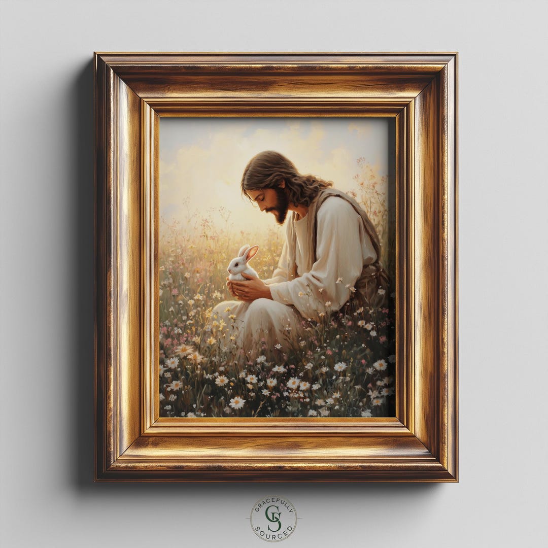 Jesus and White Rabbit Print - Christian Nursery Floral Wall Art - Etsy UK