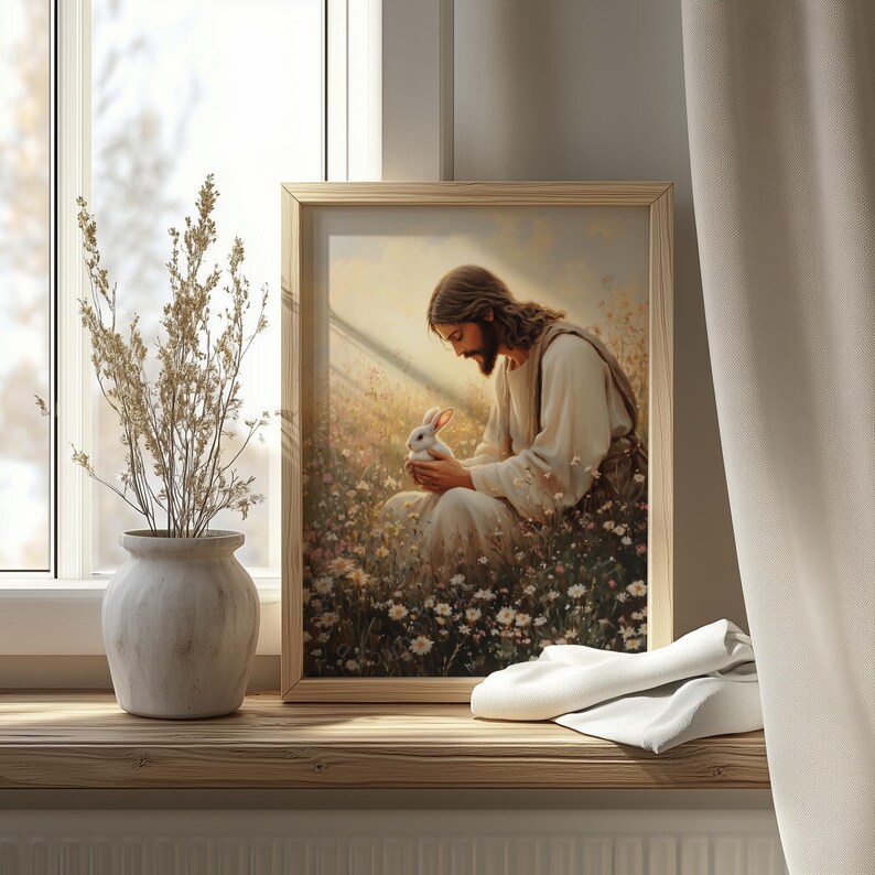 Jesus and White Rabbit Print - Christian Nursery Floral Wall Art - Etsy UK
