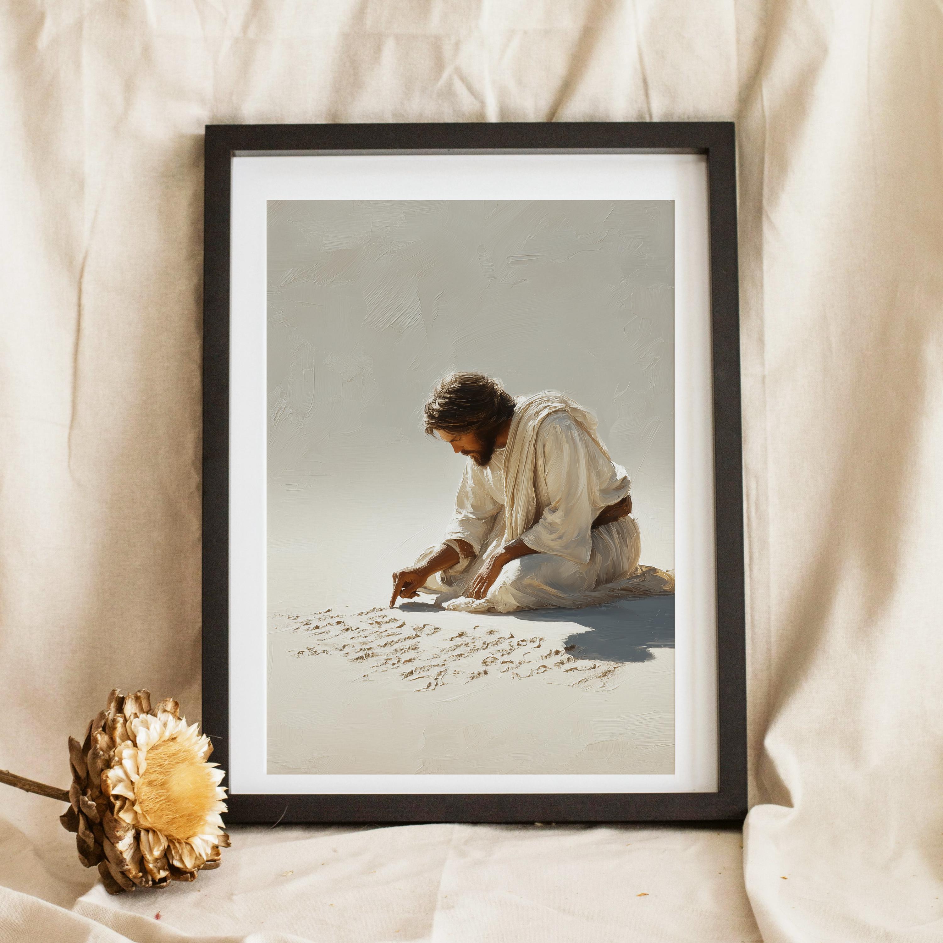 Jesus Writing in Sand Art Print – Spiritual Coastal Décor (digital ...