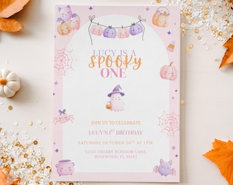 Pink Spooky One Birthday Invitation Cute Girly Ghost Halloween 1st Birthday Party Invite Editable Canva Digital Printable