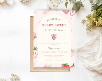 Strawberry Baby Shower Invitation, Editable Pink Baby Shower Invite, Printable Berry Sweet Baby Shower Canva Template, Digital Download