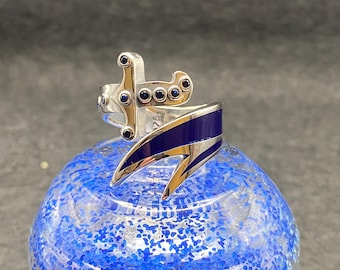 Handmade 925 Sterling Silver Zulfiqar Sword Adjustable Ring | Blue Enamel Zircon Detail 10 Grams