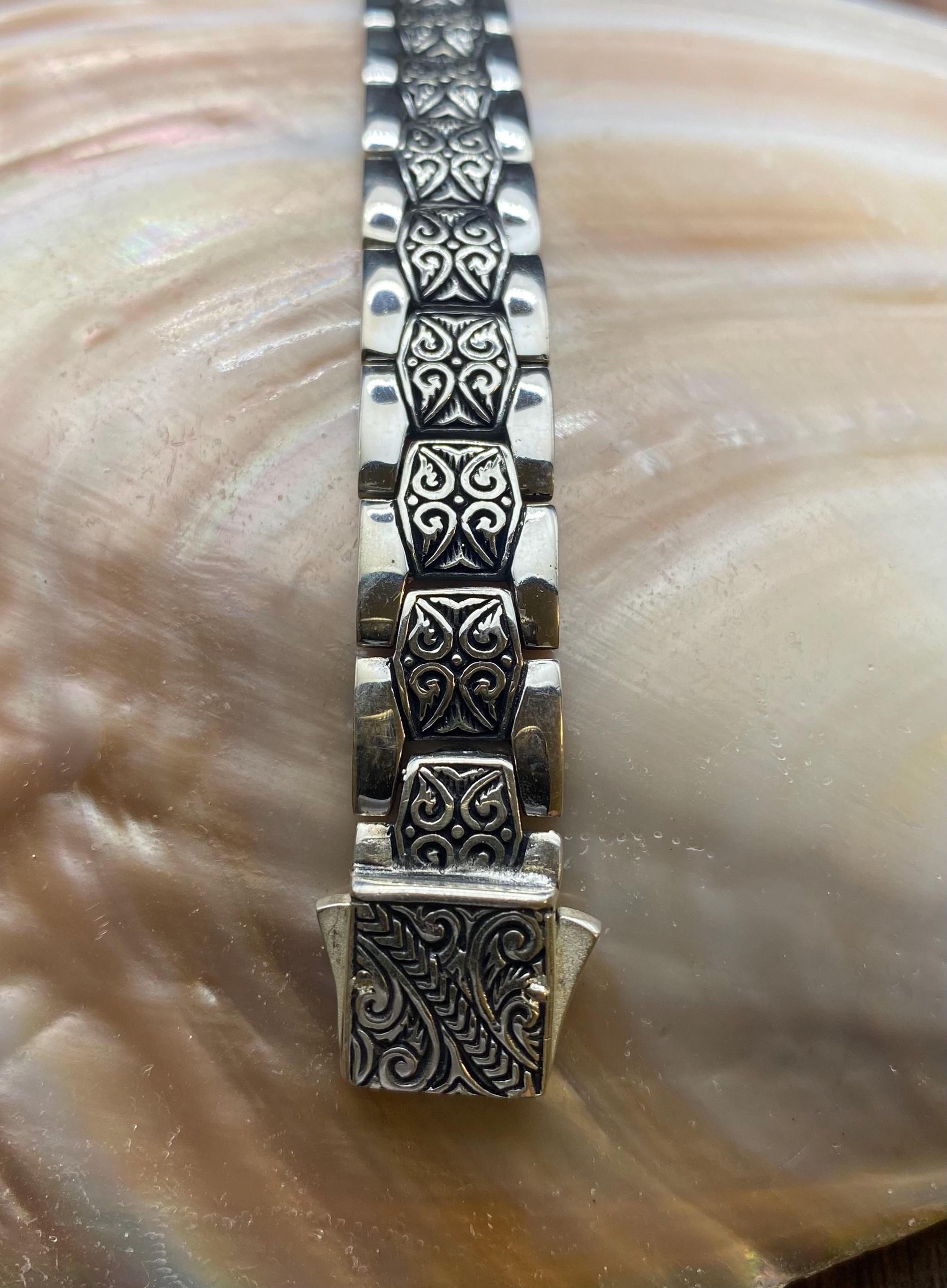 Handmade 925 Sterling Silver Heavy Curb Chain Bracelet Rumi Engraved Links 30 Grams