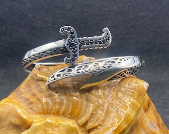 Sterling Silver Sword Cuff Bracelet | Black Zircon Gothic Bangle