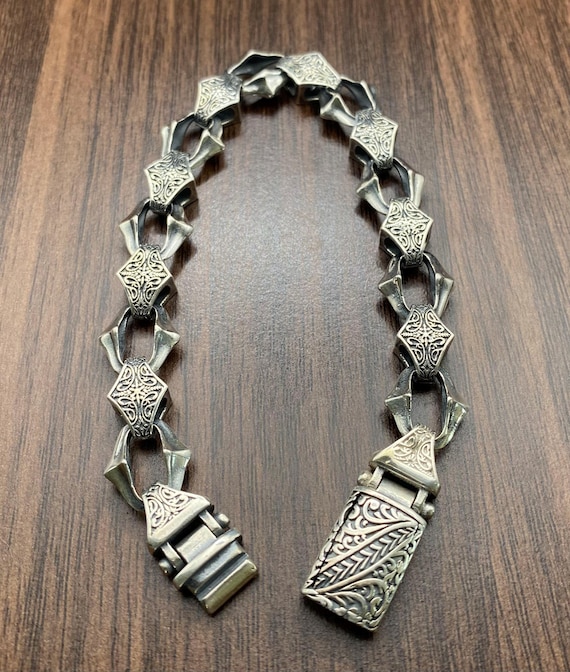 ハンドメイド 925 シルバー ヘビーモジュラーチェーンブレスレット 