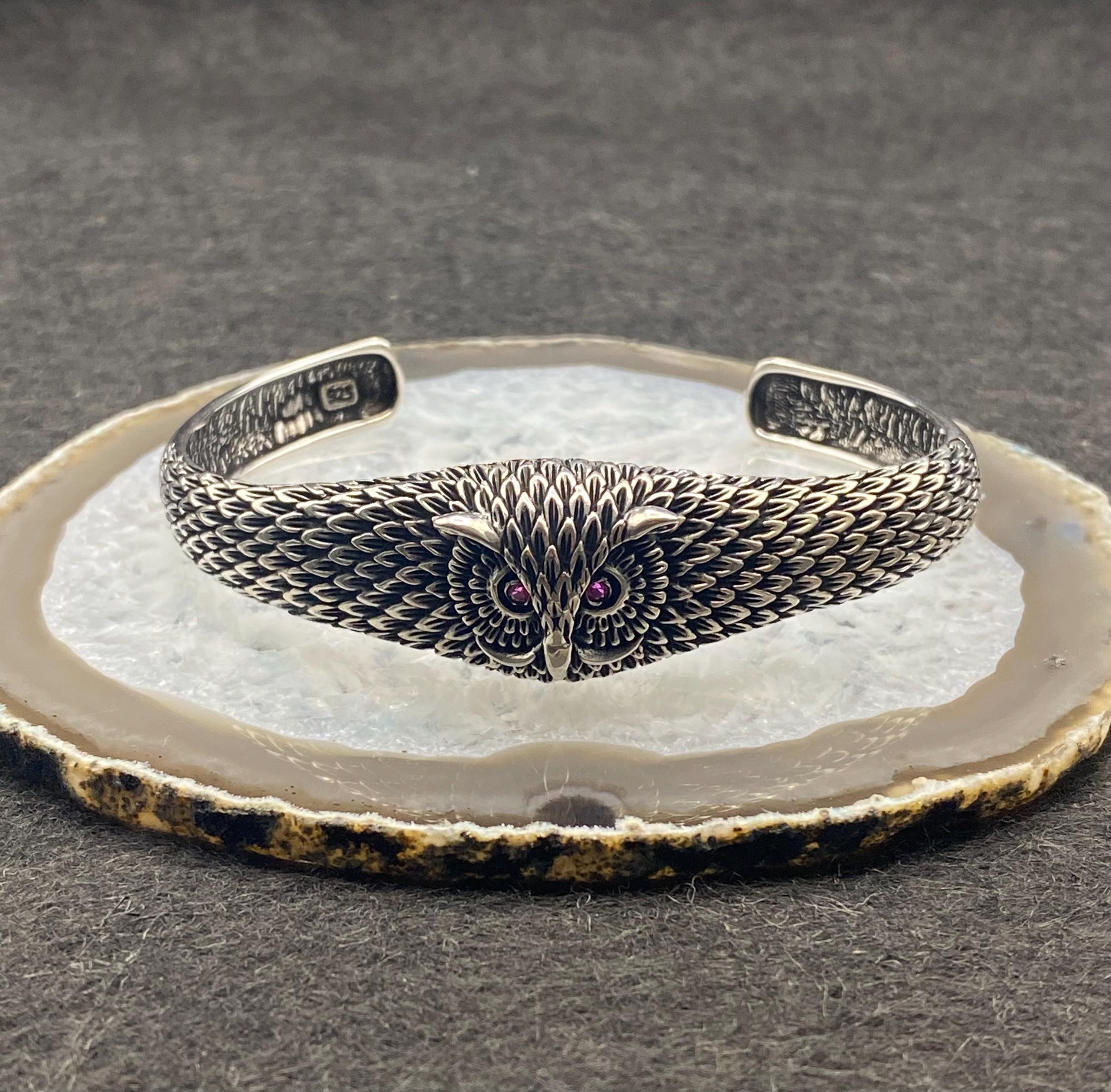 Handmade 925 Sterling Silver Heavy Owl Motif Cuff Bracelet | Wisdom Symbol Bangle