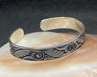 Handmade Oxidized Sterling Silver Cuff Bracelet | Rumi Floral Motif