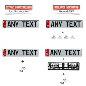May include: Silver license plates with the text "ANY TEXT" and the Turkish flag emblem. The image includes suction cups, screws, and a black frame. Text at the top reads "CUSTOMS & DUTIES INCLUDED for US customers" and "WORLDWIDE FAST SHIPPING We work 24/7".