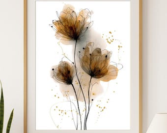 Könnte beinhalten: Aquarell-Kunstdruck mit Blumen in einem Holzrahmen. Das Kunstwerk zeigt drei abstrakte Blumen in Braun- und Goldtönen mit schwarzen Konturen und goldenen Akzenten auf weißem Hintergrund. Wohnkultur.