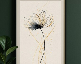 Könnte beinhalten: Gerahmter Kunstdruck mit einem minimalistischen Blumendesign. Das Kunstwerk zeigt eine schwarz-weiße Blume mit goldenen Akzenten und Linien auf cremefarbenem Hintergrund. Der Druck ist in einem schwarzen Rahmen, geeignet für die Inneneinrichtung.