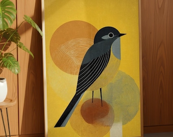 Könnte beinhalten: Ein gerahmter Wandkunstdruck mit einem stilisierten dunkelgrauen Vogel mit gelber Brust, der vor einem leuchtend gelben Hintergrund mit überlappenden orangefarbenen und beigen Kreismustern aus feinen, konzentrischen Linien sitzt.