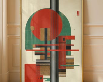 Puede incluir: Impresión artística abstracta en un marco dorado. La obra presenta un gran círculo rojo, un arco verde y varias formas geométricas en rojo, negro y marrón sobre un fondo crema. También hay rayas verticales en blanco y negro.