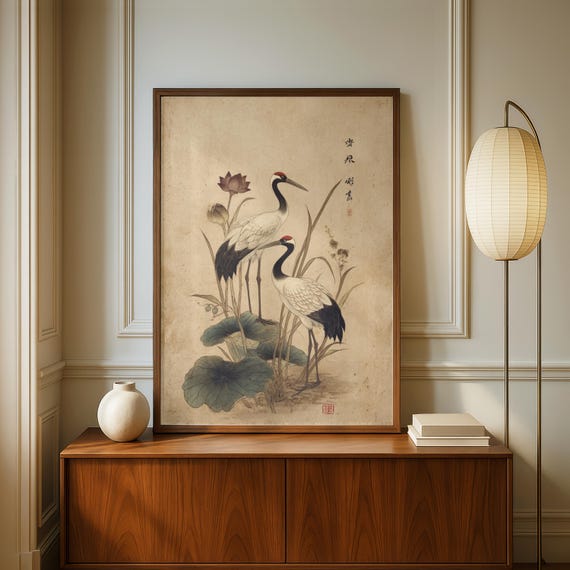 Vintage Japanese Crane Print: Botanical Wall Art on 200gsm Paper