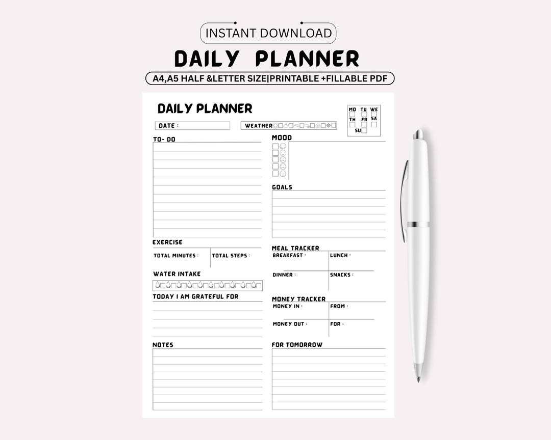 Daily Planner Printable Fillable PDF, Minimalist Template, A4 A5 Letter ...