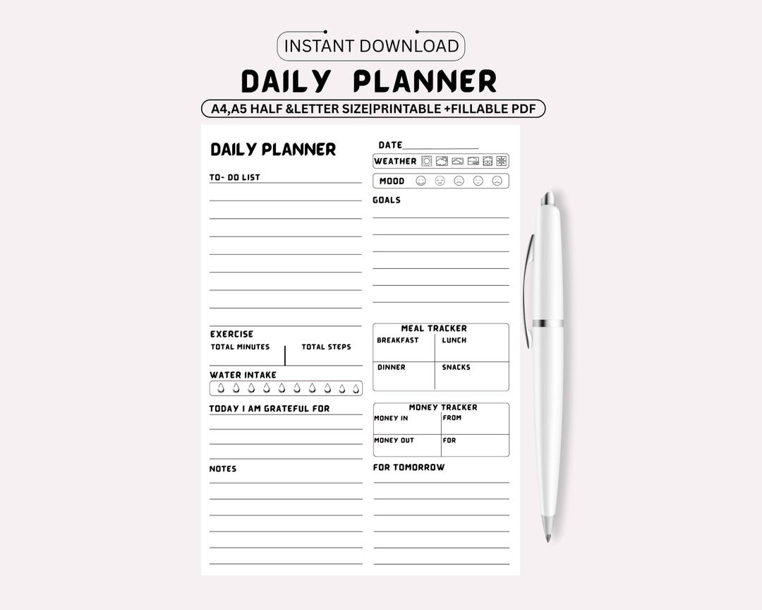 Minimalist Daily Planner | Fillable Printable PDF, A4 A5 Letter Half - Etsy