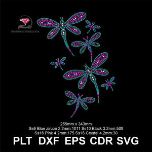 May include: A black background features a design of several dragonflies. The dragonflies are composed of small, colourful dots in shades of pink, blue, and white. The image includes the text "OMRHINESTONEDSIGN" and "PLT DXF EPS CDR SVG".