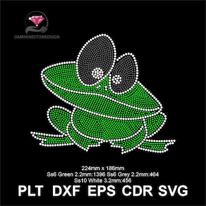 May include: A green frog design made of small dots, with large eyes and a white outline, set against a black background. The design is 22.4cm x 18.6cm. The text "PLT DXF EPS CDR SVG" is at the bottom.