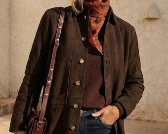 Frauen Braun Wildleder Blazer Jacke, Vintage Style Ledermantel, Western Wildlederjacke für Frauen, Formelle Herbst Outfit, Geschenk für Sie