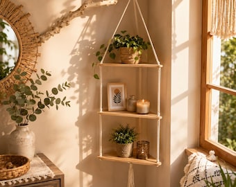 Macrame Hanging Shelf, 3 Tier Boho Wall Decor, Rustic Wood Rope Corner Shelves for Plants, Photos, Bedroom, Bathroom, Living Room Shelf