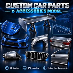Pode incluir: Uma coleção de peças de carro personalizadas, incluindo um aerofólio traseiro de fibra de carbono, capô azul, para-choque dianteiro azul, para-lama prateado, tampa do porta-malas prateada, retrovisor, grade frontal e porta de carro.