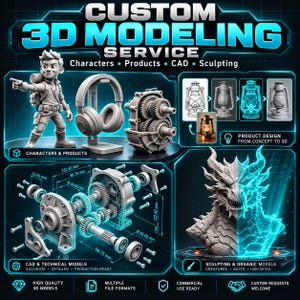 Könnte beinhalten: Eine digitale Anzeige für einen 3D-Modellierungsservice mit einer Zeichentrickfigur, Kopfhörern, einer mechanischen Getriebebaugruppe und einer Drachenbüste. Die Grafik enthält technische Diagramme mit Maßangaben in mm und einen Laternen-Designprozess.