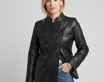 Chaqueta tipo blazer de cuero negro para mujer, cruzada, corte ajustado, estilo clásico minimalista, formal, para la oficina, abrigo de cuero auténtico, regalo para ella.