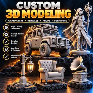 Pode incluir: Um gráfico digital intitulado CUSTOM 3D MODELING CHARACTERS VEHICLES PROPS FURNITURE apresentando um modelo 3D cinza de um veículo off-road, uma figura fantástica encapuzada com um cajado, uma poltrona capitonê, um poste e um gramofone.