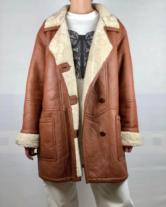 Women’s Brown Shearling Leather Coat Oversized Sheepskin Jacket Fur Lined Winter Coat Warm Vintage Style Cozy Outerwear Gift
