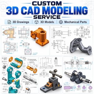 May include: A custom 3D CAD modeling service advertisement featuring technical 2D drawings, 3D models, and mechanical parts. The image displays various engineering components, including flanges, shafts, and bushings with detailed dimensions and labels.
