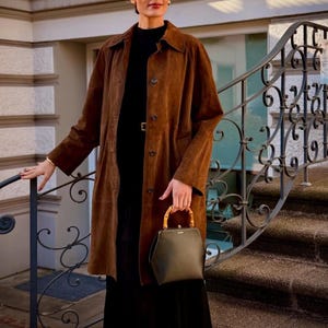 Women’s Handmade Vintage Brown Suede Leather Long Coat | Western Cowgirl 70s Style Inspired Trench Overcoat | Winter Gift for Her