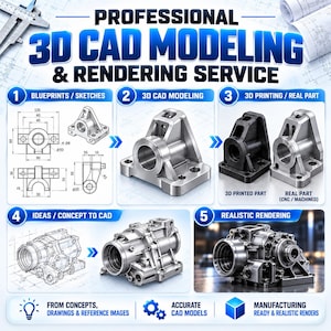 May include: A professional 3D CAD modelling and rendering service infographic. It displays five steps: blueprints and sketches, 3D CAD modelling, 3D printing and real parts, concept to CAD, and realistic rendering of mechanical components.