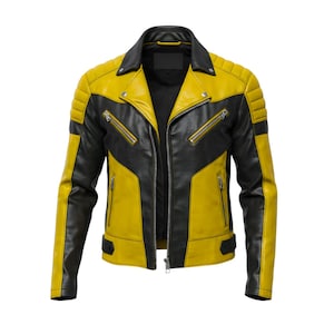 May include: A black and yellow leather jacket. The jacket has a classic biker design with a notched collar, zipped pockets, and quilted shoulder detailing. The front zipper is closed.