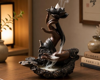 Lotus Hand Backflow Incense Burner, Zen Waterfall Resin Decor, Meditation Room Accent