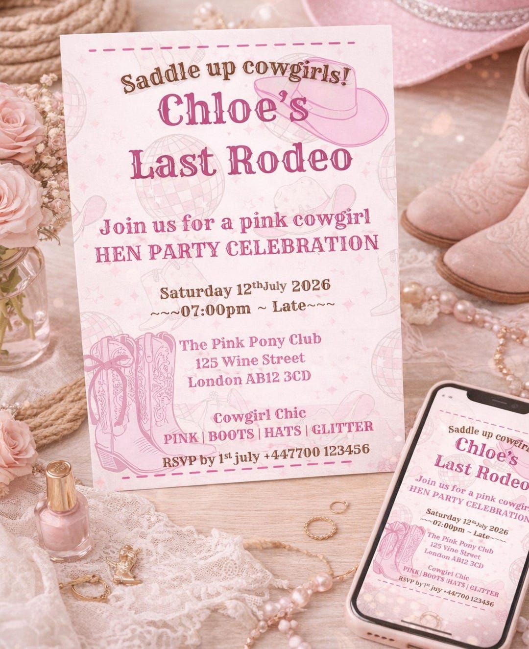 Pink Cowgirl Last Rodeo Invitation Template, Editable Bachelorette Hen ...