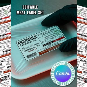 Puede incluir: Imagen de un juego de etiquetas de carne con el texto "EDITABLE MEAT LABEL SET". La etiqueta del paquete de carne dice "ANATOMILK CREAMERY CO. Extra Creamy Premium Butter Grade AA". El paquete también tiene una etiqueta que dice "Belly Button Butter" y "Peso neto 0,91 kg".