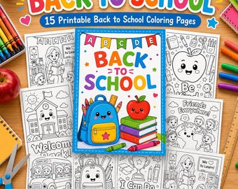 Dibujos para colorear de regreso a clases para niños / Libro de actividades imprimible con 15 láminas para colorear sobre la escuela