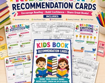 Tarjetas imprimibles de recomendación de libros infantiles - Actividades de respuesta a la lectura para niños / Hojas de trabajo para reseñas de libros - Actividades de biblioteca