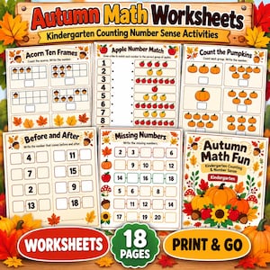May include: A collection of Autumn Math Worksheets for kindergarten featuring counting and number sense activities. The pages include Acorn Ten Frames, Apple Number Match, Count the Pumpkins, Before and After, and Missing Numbers with fall-themed graphics like pumpkins, acorns, apples, and leaves.