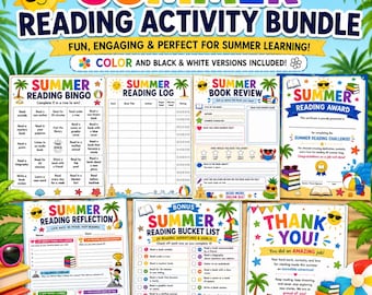 Bingo de lectura de verano y registro de lectura para niños / Bingo de lectura con temática veraniega / Reto de lectura de verano / Actividad para la educación en casa