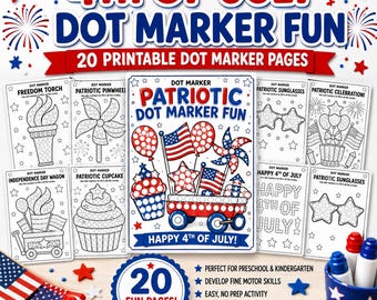 Dibujos para colorear con marcadores de puntos del 4 de julio para preescolar y jardín de infantes - 20 hojas para colorear para niños - 4 de julio
