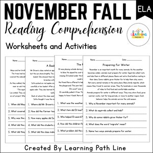 May include: A set of November Fall Reading Comprehension worksheets and activities by Learning Path Line. The pages feature text passages with titles like Preparing for Winter, followed by five numbered questions with blank lines for student answers.