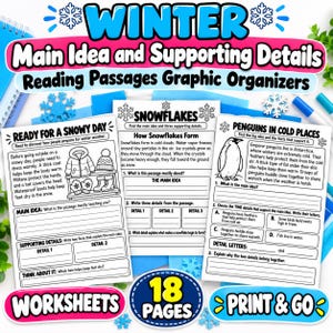 Könnte beinhalten: Ein Set aus pädagogischen Lese-Arbeitsblättern zum Thema Winter mit grafischen Organizern, betitelt als Ready for a Snowy Day, How Snowflakes Form und Penguins in Cold Places, inklusive Text, Winterkleidung, Schneeflocken und einem Pinguin.