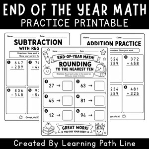 Könnte beinhalten: Schwarz-Weiß-Druckvorlagen für Mathematikübungen zum Jahresende. Enthält Subtraktions-, Additions- und Rundungsprobleme auf die nächste Zehn. Mit dem Text "END OF THE YEAR MATH PRACTICE PRINTABLE".