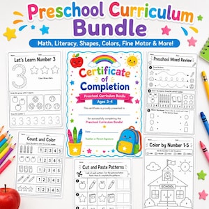 May include: A preschool curriculum bundle featuring a Certificate of Completion, worksheets for learning numbers, counting, shapes, and patterns, and color-by-number activities. The set includes colorful pencils and a schoolhouse illustration.